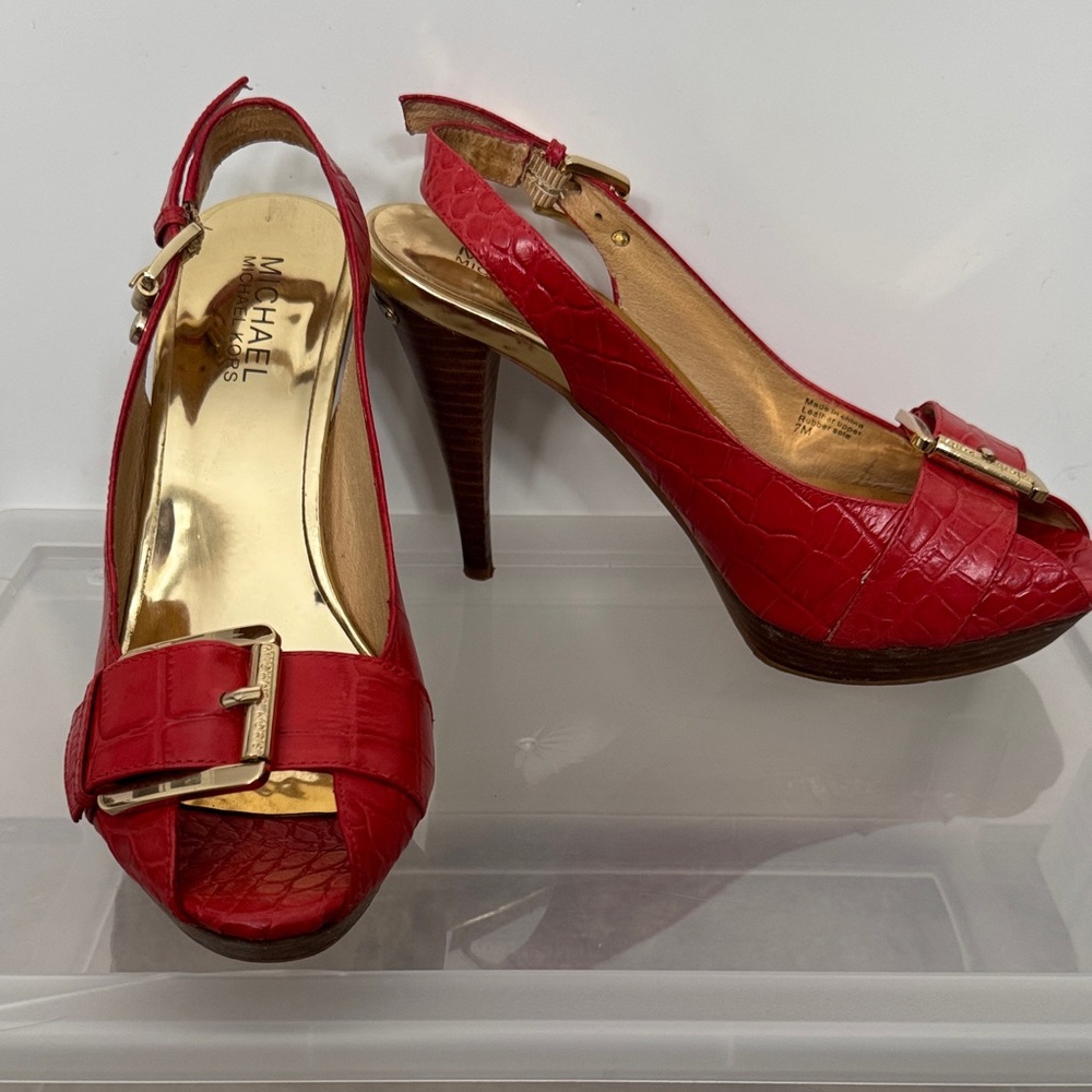 Buy 1 get 1 FREE 
Michael Kors Red Croc-Embossed Peep-Toe Heels - Picture 7 of 10